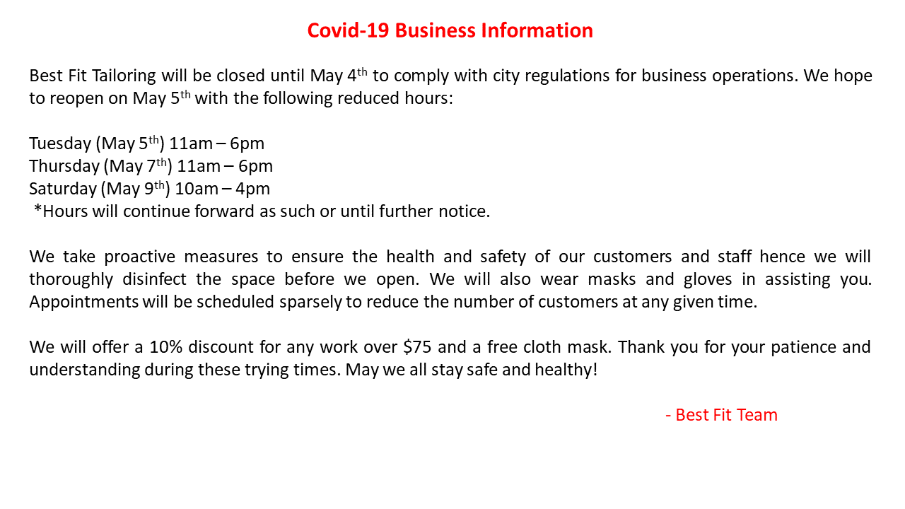 Custom Tailoring Shop & Alterations in Boston, MA Best Fit Inc